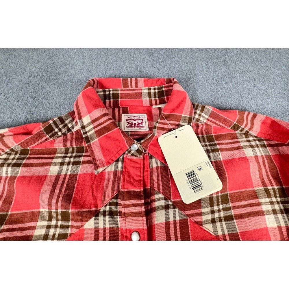 NEW Levi's Western Shirt Womens L Pink Pearl Snap Oversized Classic Plaid NWT - Picture 2 of 5